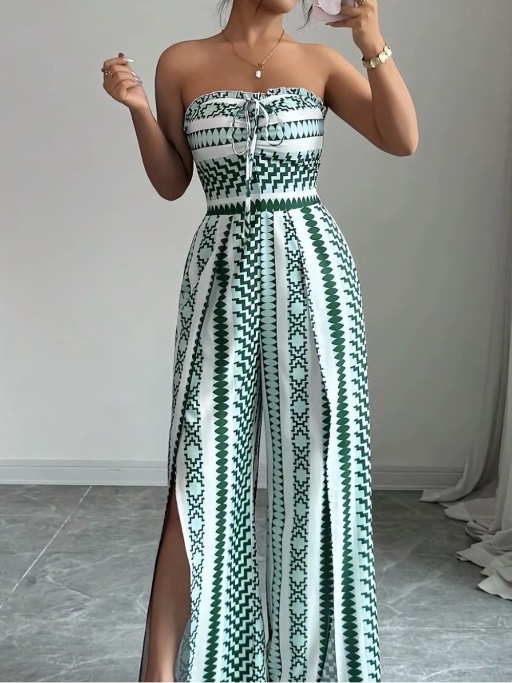 Geometric Printed Jumpsuit Emerald Green & Turquoise Woman’s Size Large